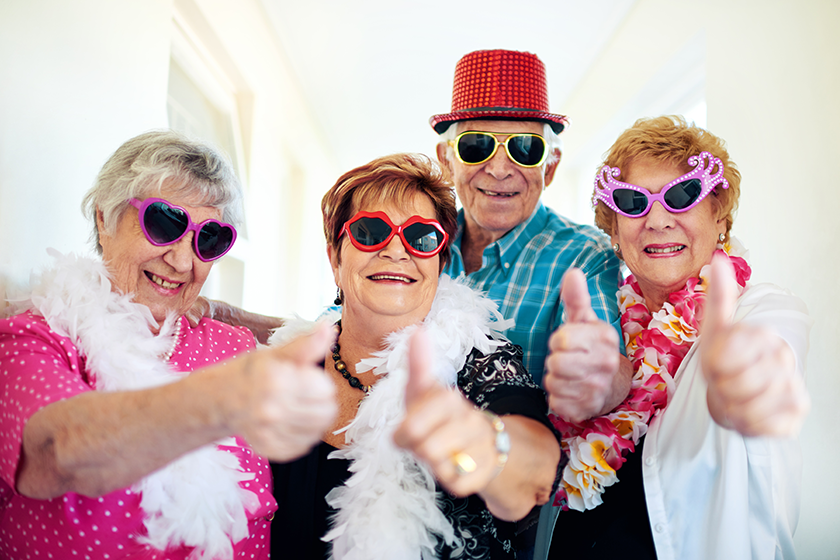 heres cool kids group carefree elderly people wearing sunglasses